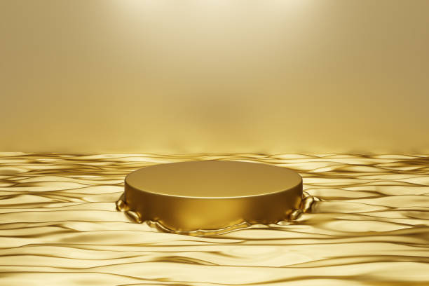 istock Gold circle platform podium floating water wave luxury elegant. wall golden light backdrop. Advertisement cosmetic, beauty products, skincare or stage of fashion model. Copy space. 3D Illustration. 1916670435