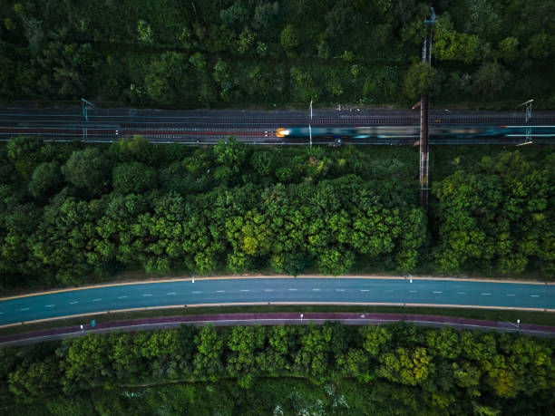 istock Aerial image of roadways and railway 1916672559