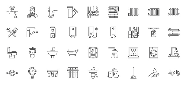 Plumbing line icon set. Plunger, dishwasher, pipeline, bathtub, faucet, sink, underfloor heating, pissoir minimal vector illustrations. Simple outline signs for bathroom equipment. Editable Stroke.