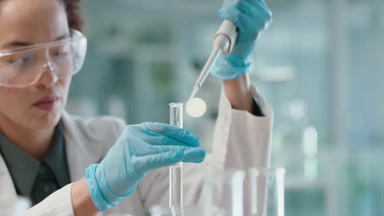 Science, test and woman with pipette in lab, sample and liquid in glass tube for experiment research. Medical, study and scientist with analysis of vaccine, biotechnology or development in laboratory