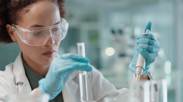 Science, test and woman with pipette in lab, sample and liquid in glass tube for experiment research. Medical, study and scientist with analysis of vaccine, biotechnology or development in laboratory