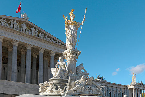 Parliament Building with Pallas Athenastatue in Vienna, Austria. Greek style. federal legislature of the Austrian Republic.