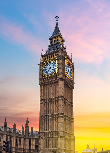 Big Ben tower at sunset, London, UK