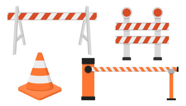 silniční zábrany a ochranné oplocení. vektorová ilustrace. - hranice stavba stock ilustrace