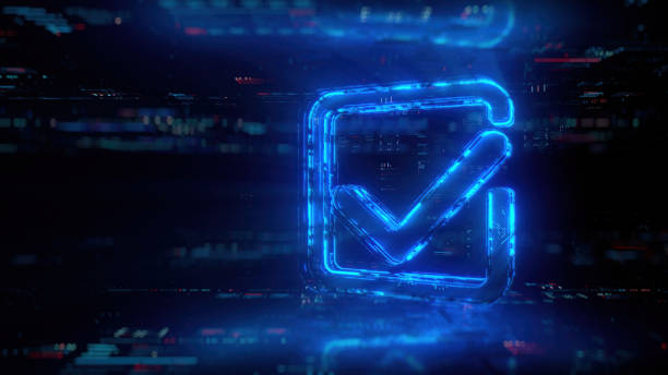 istock Digital check mark icon hologram on future tech background. Productivity and rating evolution. Futuristic checkmark icon in world of technological progress and innovation. CGI 3D render 1916719329