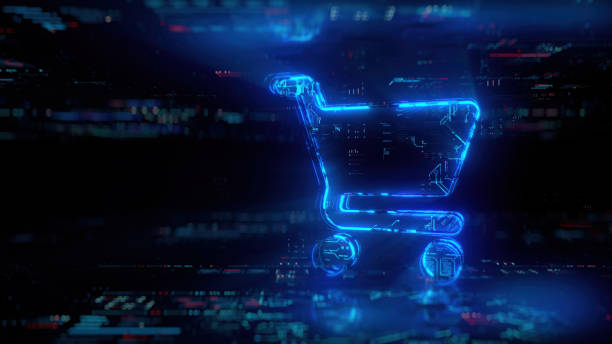 istock Digital cart icon hologram on future tech background. Online shopping evolution. Futuristic shopping cart icon in world of technological progress and innovation. CGI 3D render 1916720368
