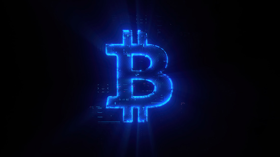 Crypto currency and digital wallets concept background. Futuristic bitcoin icon hologram in world of technological progress and innovation. CGI 3D render