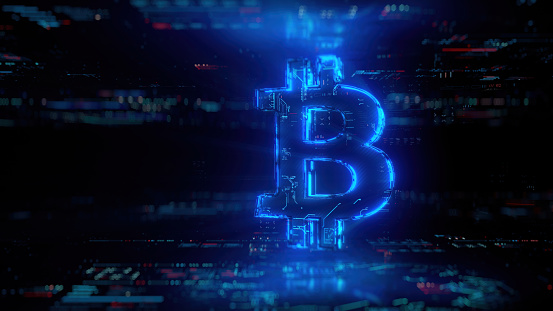 Crypto currency and digital wallets concept background. Futuristic bitcoin icon hologram in world of technological progress and innovation. CGI 3D render