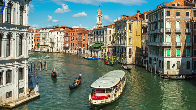 Time Lapse of Crowded Grand Canal, Canale Grande and Passenger boats can see Chiesa Cattolica Parrocchiale dei Santi Apostoli in city of Venice at the sunny time, Venice, Italy