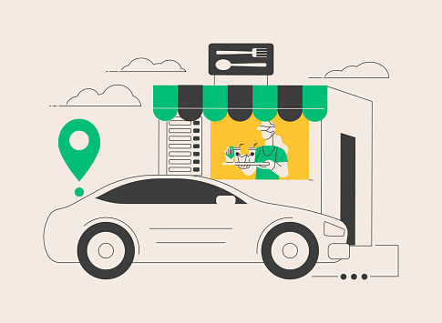 Drive-in restaurant abstract concept vector illustration. Drive-through cafe, virus-safe drive-in services, social isolated facilities, no-contact pick up, take away order abstract metaphor.