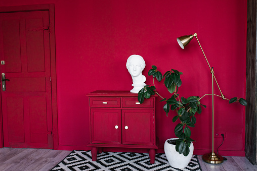 Stylish interior of the room with scarlet walls, a red chest of drawers, a female head sculpture, a floor lamp, a ficus plant in a white vase. A modern space with designer accessories. Home decor.