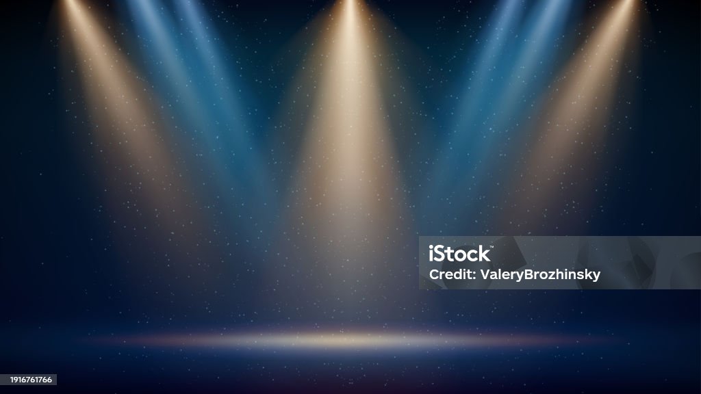 Cenário de holofote dourado e azul. Palco azul iluminado. Plano de fundo para exibição de produtos. Feixes brilhantes de holofotes, partículas cintilantes brilhantes, um ponto de luz. Ilustração vetorial - Vetor de Plano de Fundo royalty-free Cenário de holofote dourado e azul. Palco azul iluminado. Plano de fundo para exibição de produtos. Feixes brilhantes de holofotes, partículas cintilantes brilhantes, um ponto de luz. Ilustração vetorial - Vetor de Plano de Fundo royalty-free
