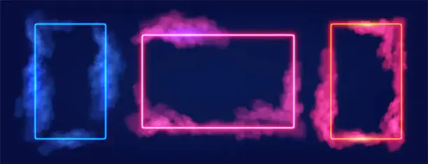 Vector illustration of Rectangular neon light frame in cloud of smoke on black background.