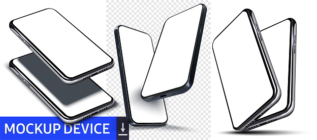 High-Resolution Smartphone Mockups Showing Various Angles for Technology and Communication Design. Cellphone frame with blank display isolated templates, phone different angles views. 3D isometric.