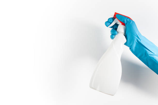 istock Cleaning spray, hand holding bottle, professional service, disinfection supply 1916765578