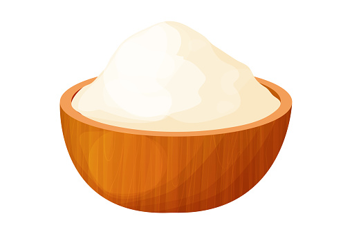 Wooden bowl with flour, wood plate in cartoon style isolated on white background. Baking raw powder grain. Vector illustration