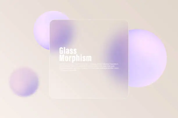 Vector illustration of Glass morphism concept square banner with colorful floating spheres. Frosted glass effect.