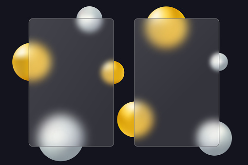 Glass morphism effect. Vertical transparent banners with gold and silver spheres. Realistic glass morphism of frosted glass shape