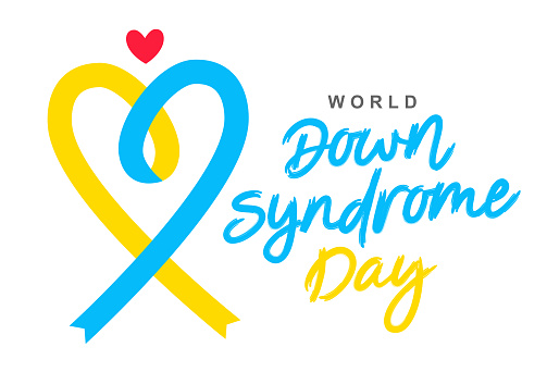 Beautiful inscription - World Down Syndrome Day. Blue and yellow ribbon formed in the shape of a heart. Lettering. Elements for the design of a greeting card. Vector illustration on a white background.