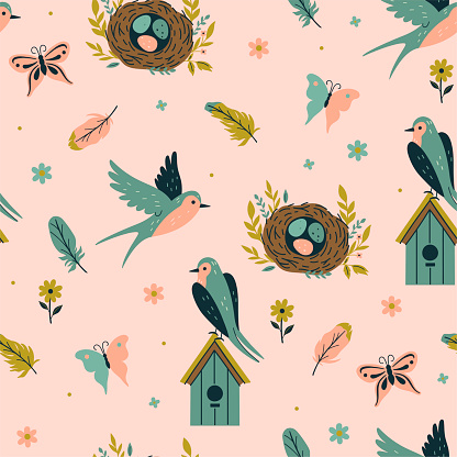 Seamless spring pattern with swallows, nests, birdhouses, feathers. Vector image.