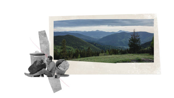 istock Man taking away garbage over mountain and forest image. Environment safety. Contemporary art collage. 1916786330