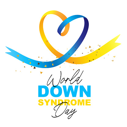Blue and yellow ribbons formed a heart handicap. World Down Syndrome Day. Lettering and calligraphy. Elements for the design of a greeting poster. Vector illustration on a white background.