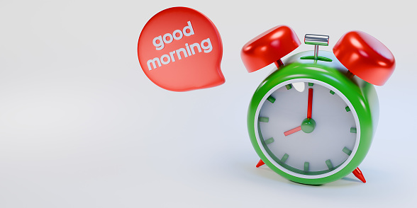 Clock alarm 3D illustration. Time concept. On beige background. Good Morning text. 3d render