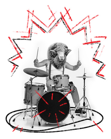 Poster. Contemporary art collage. Black and white talented musician, guy with head of sheep energetic playing drums against background with drawings. Concept of energy music, urban, culture.