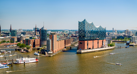 Hamburg harbour and Landungsbrücken during summer