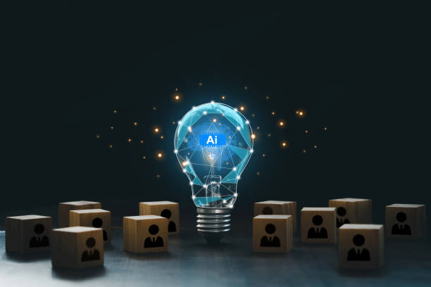Artificial intelligence innovation. AI adoption and working. AI with a digital brain in a lightbulb with human icons in wooden blocks for AI vs human competition. manage personnel in the organization innovación en inteligencia artificial. adopción y funcionamiento de la ia. ia con un cerebro digital en una bombilla con iconos humanos en bloques de madera para la ia frente a la competencia humana. gestionar el personal de la organización