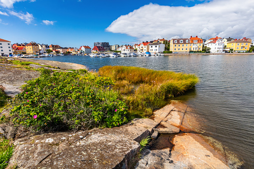 View on Karlskrona houses on Baltic sea coast, Sweden from Stakholmen island.