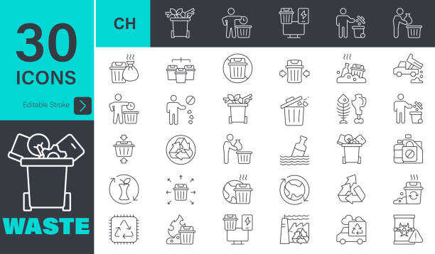 Waste Icons set. 30 editable stroke vector graphic elements, recycling, litter, trash, pollution, landfill, waste management, composting Garbage Elements Thin Line Icon Set Series stock illustration
Garbage, Icon Symbol, Recycling, Recycling Symbol, Symbol garbage dump stock illustrations