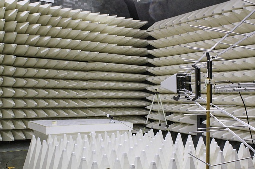Antenna for electromagnetic compatibility radiated immunity testing in a semi anechoic chamber. EMC waves spectrum field GTEM cell laboratory