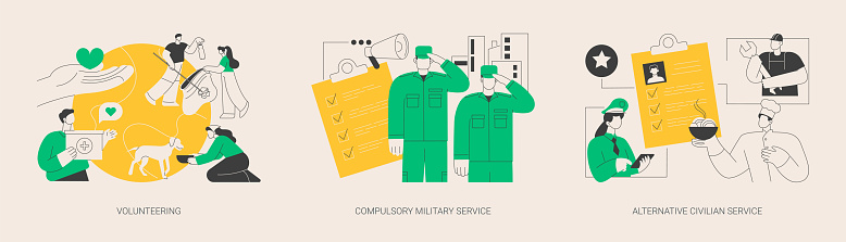 Community service abstract concept vector illustration set. Volunteering and compulsory military and alternative civilian service, mandatory work, non-profit social organization abstract metaphor.