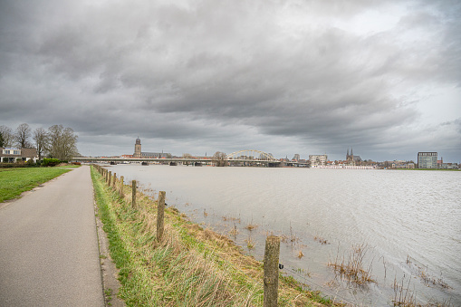 Deventer at the river IJssel with high water level after heavy rainfall upstream in Germany in December 2023.