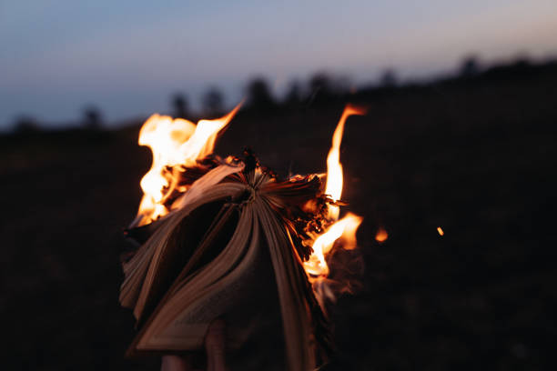 A man's hand holding a book that is engulfed in flames. The fiery scene symbolises the destruction or transformation of knowledge and ideas, evoking a sense of intensity and potential change