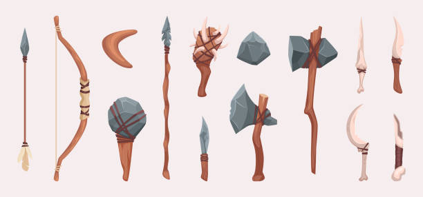 Prehistoric weapon. Ancient tools for primitive people exact vector illustrations Prehistoric weapon. Ancient tools for primitive people exact vector illustrations. War equipment by barbarian, white bone tools object, design of wood collection illustration old stone age tools stock illustrations