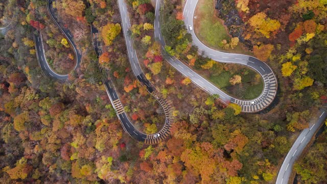 Aerial view of winding road scene in Autumn in Nikko Japan