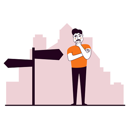 A tourist chooses a destination.A traveler stands next to the road sign.Hand drawn cartoon illustration.