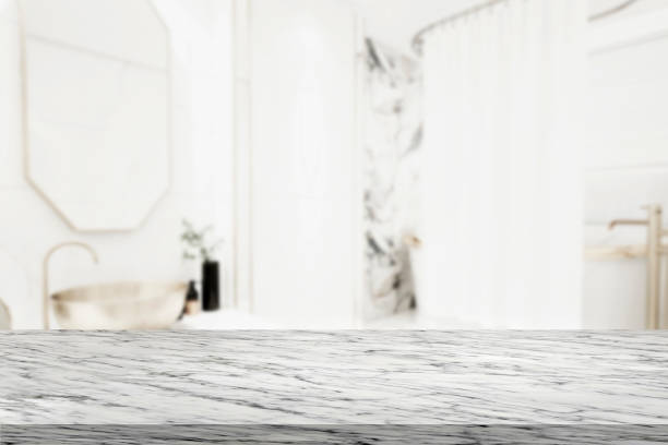 istock Bathroom bright marble desk top shelf product presentation 3D template. 1916863494