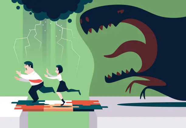 Vector illustration of angry dinosaur chasing businessman and woman on jigsaw bridge