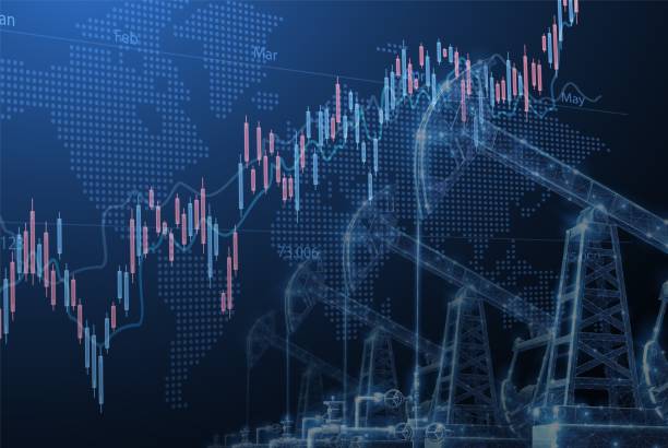 istock Digital screen showcasing financial chart graphs and oil pumps field. 1916869327