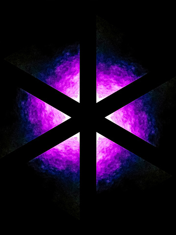 There is an intersection in black in the center of the image. White, purple and blue triangular shapes are pointing towards the center.  This is an abstract pinwheel.  The image looks backlit.