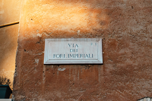 Rome, Street sign Via Fori Imperiali (Imperial Forums). Famous street
