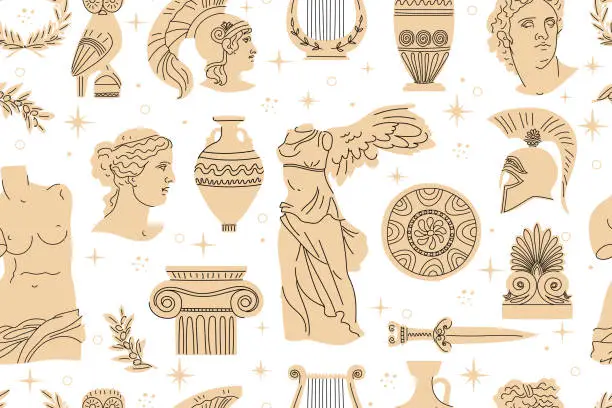 Vector illustration of Seamless pattern with ancient Greek sculptures, architectural details, weapons and more. Ancient beige objects on white background. Head of Venus, Apollo, Theseus, amphora, etc. Hand drawn vector.
