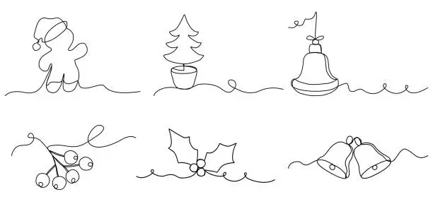 Vector illustration of Set of Christmas line arts, continuous line vector