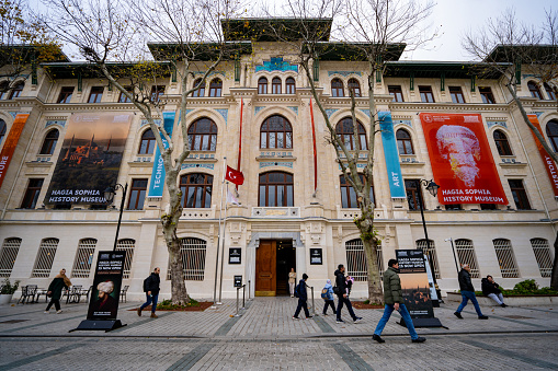 Exterior of the Hagia Sophia History Museum building in Sultanahmet district. Istanbul, Turkey - December 23, 2023.