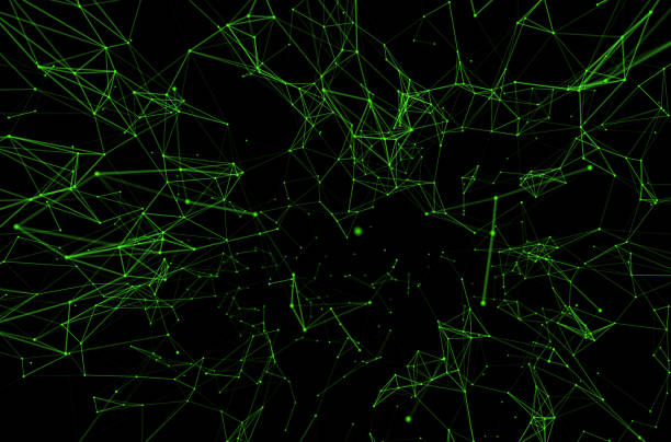 Abstract plexus structure of many glowing lines and particles. Connection concept. Creative technological background with digital composition and optical flares. 3d rendering