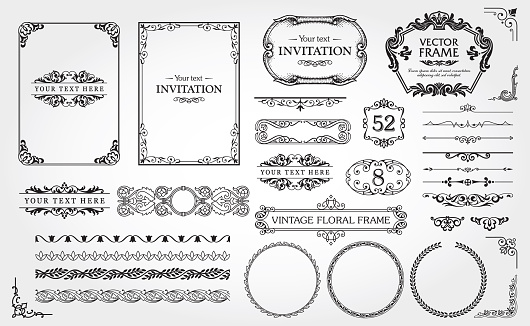 Design elements set, decorative flourish border corner and frame collection for invitation, menu and page decoration