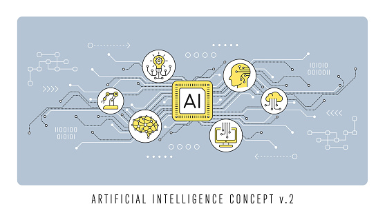 Artificial intelligence concept with icons, nodes and abstract design elements. Machine learning, deep learning, artificial neural network, robotics and artificial intelligence concept.